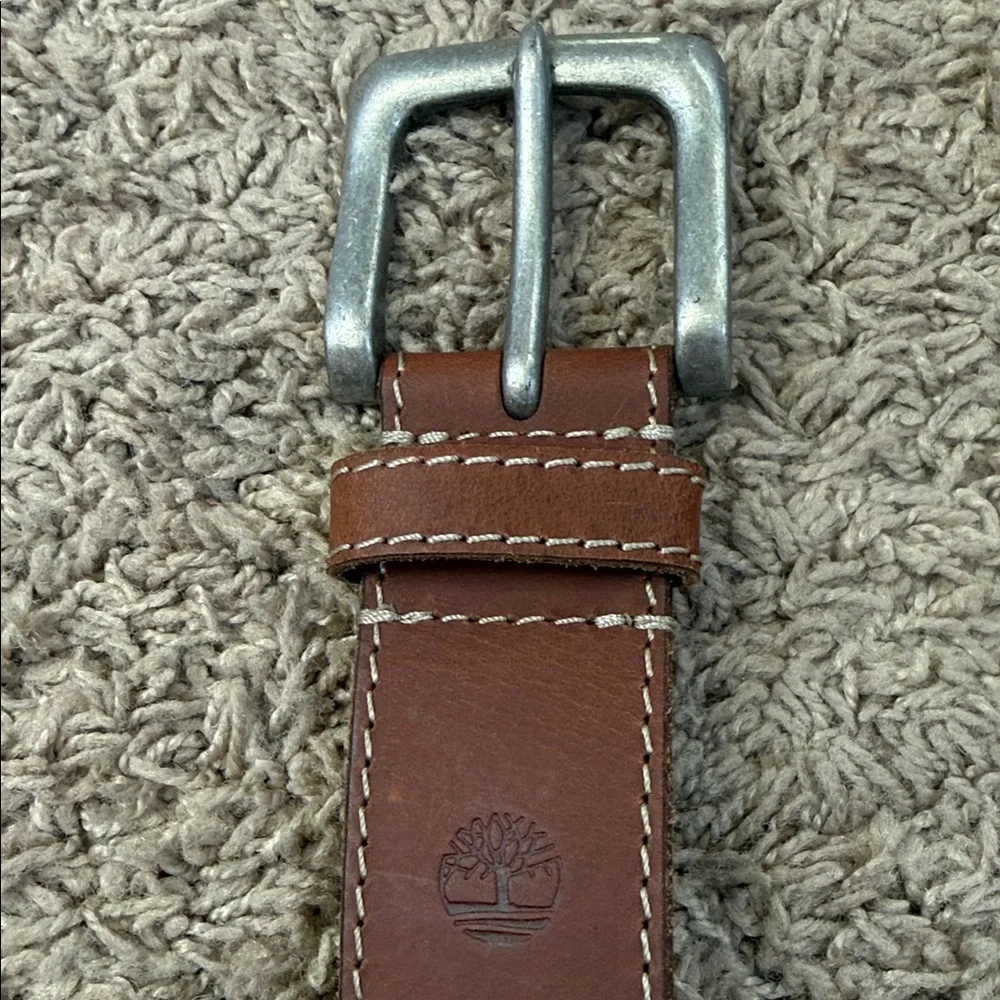 Timberland Men's Brown Leather Belt with Silver Buckle Size 34